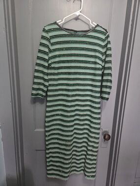 Eva Mendes NY&Co Green Sequin Stripe Midi Dress Size L Tall